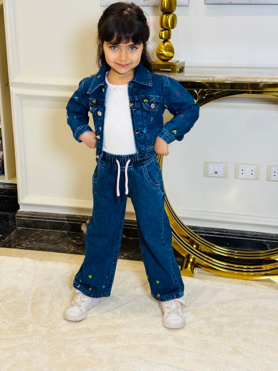 Heart Detail Denim Jacket & Pants Set