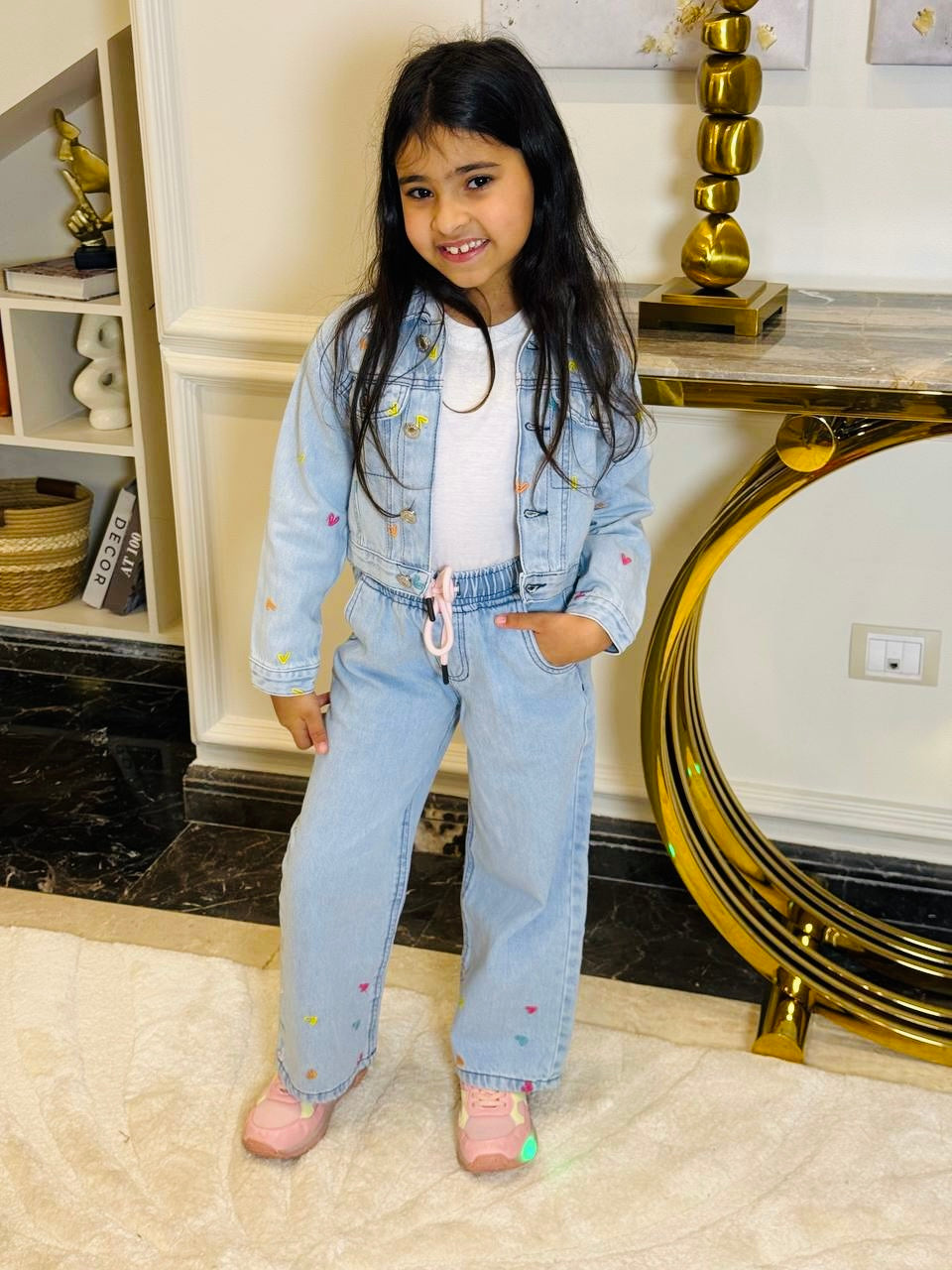 Heart Detail Denim Jacket & Pants Set