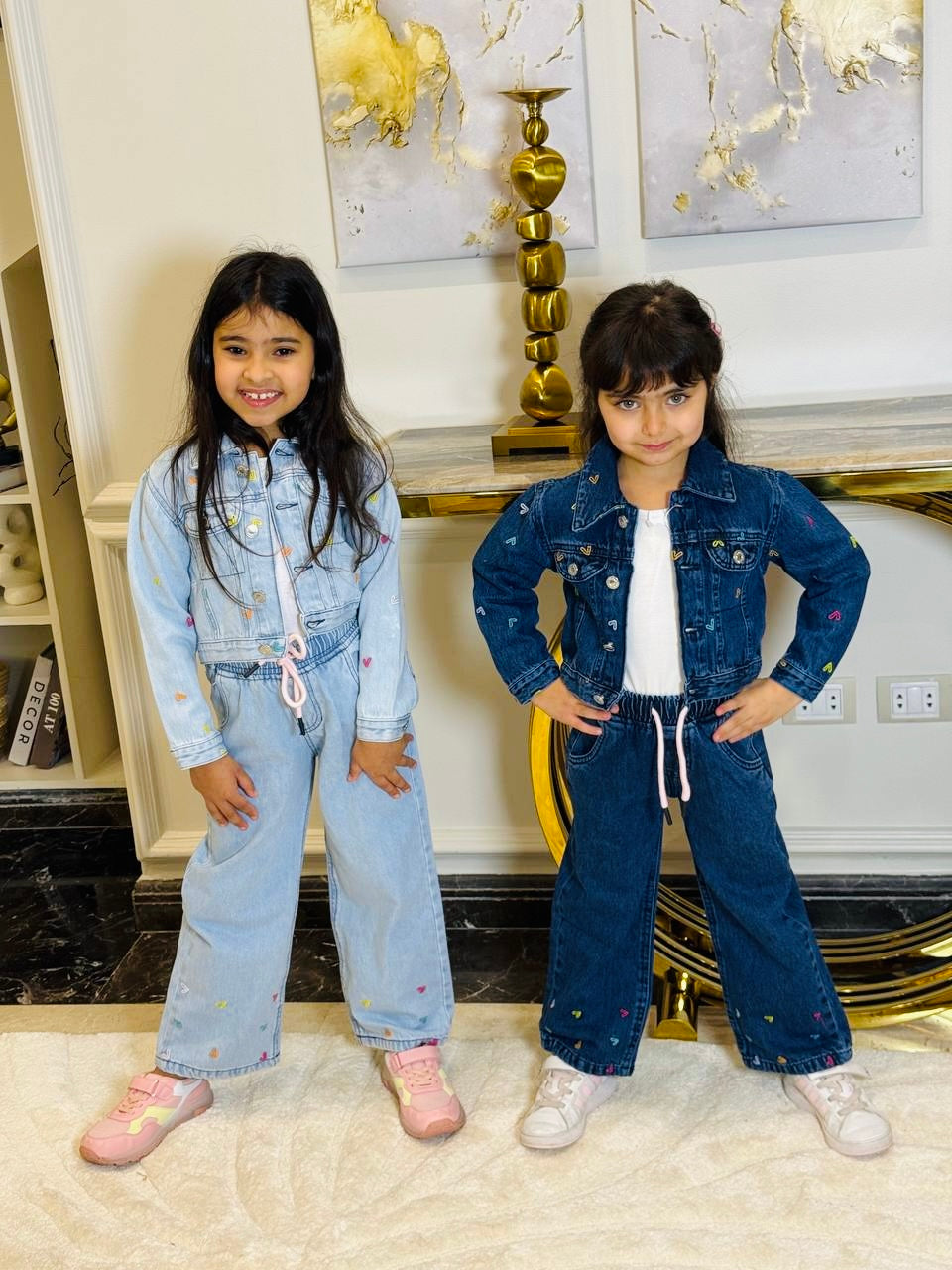 Heart Detail Denim Jacket & Pants Set