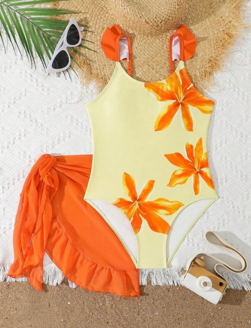 Yellow Orange Flowered Swimsuit & Coverup