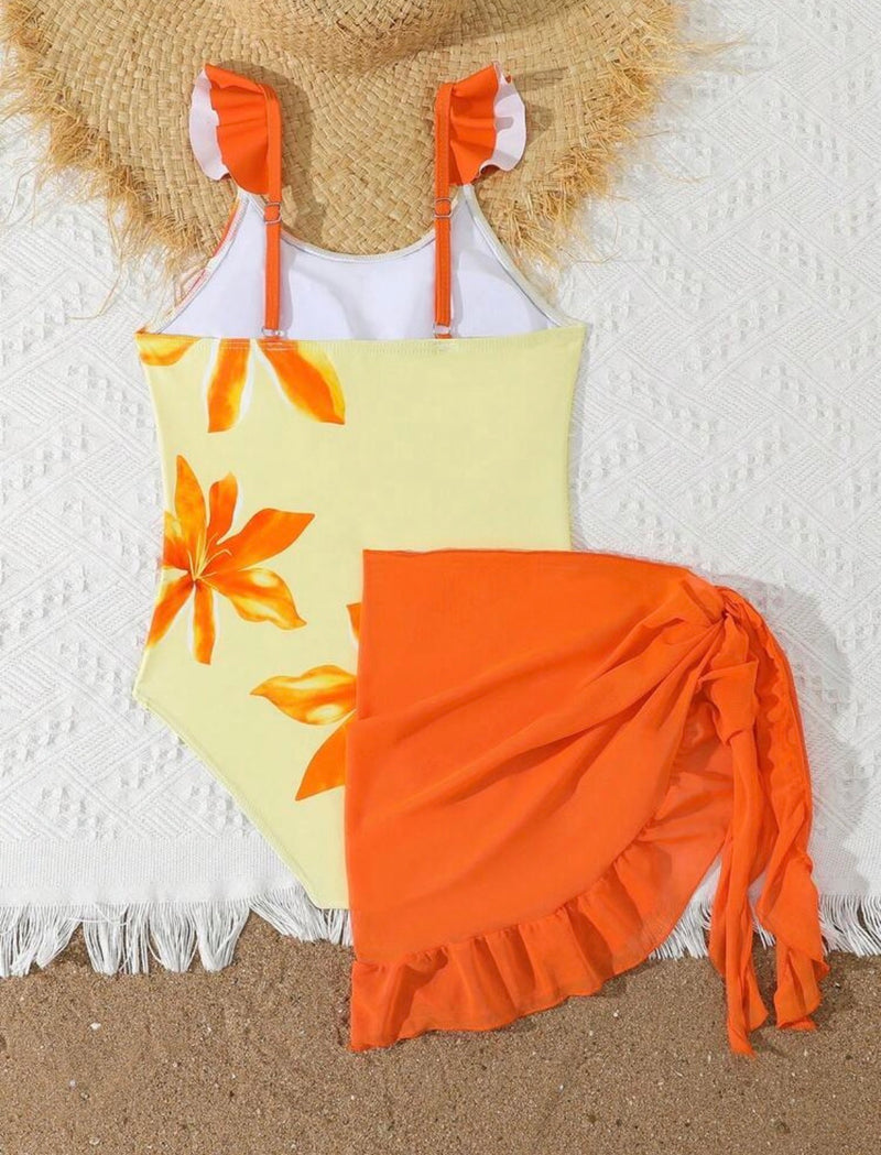 Yellow Orange Flowered Swimsuit & Coverup