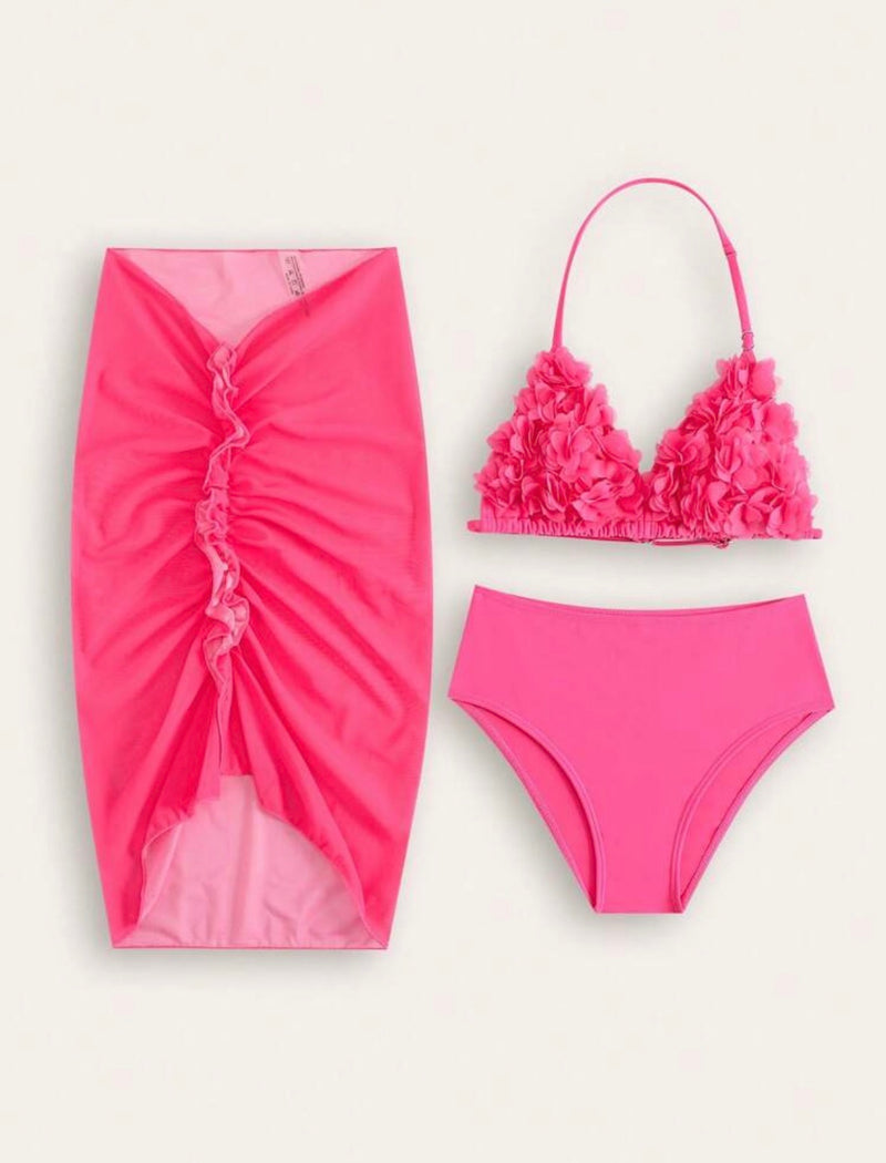 Fushia 3D Flower 3Pcs Swimsuit