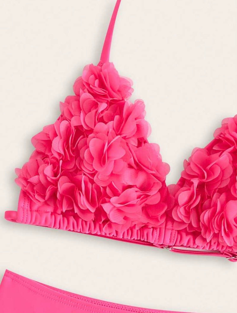 Fushia 3D Flower 3Pcs Swimsuit