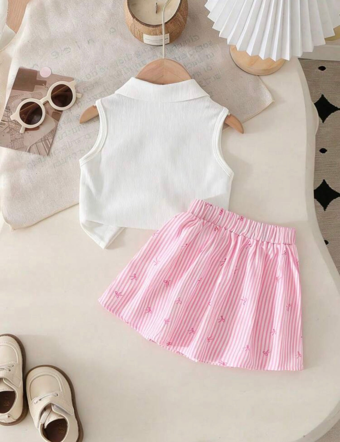 Set Top white Skirt Pink