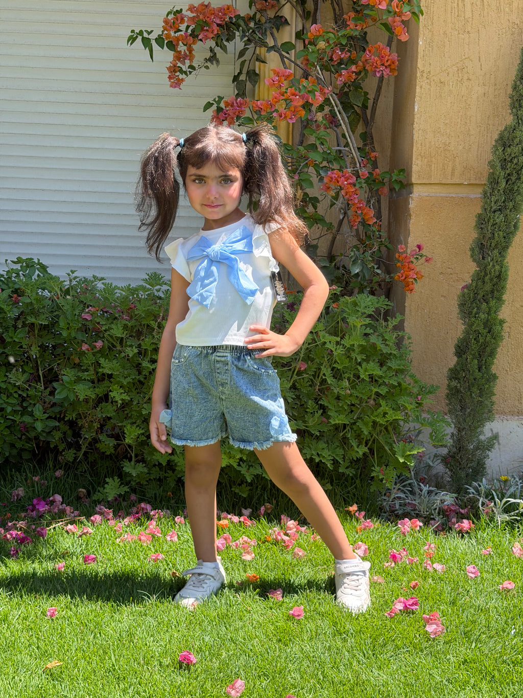 Set White Bow Top Denim Short