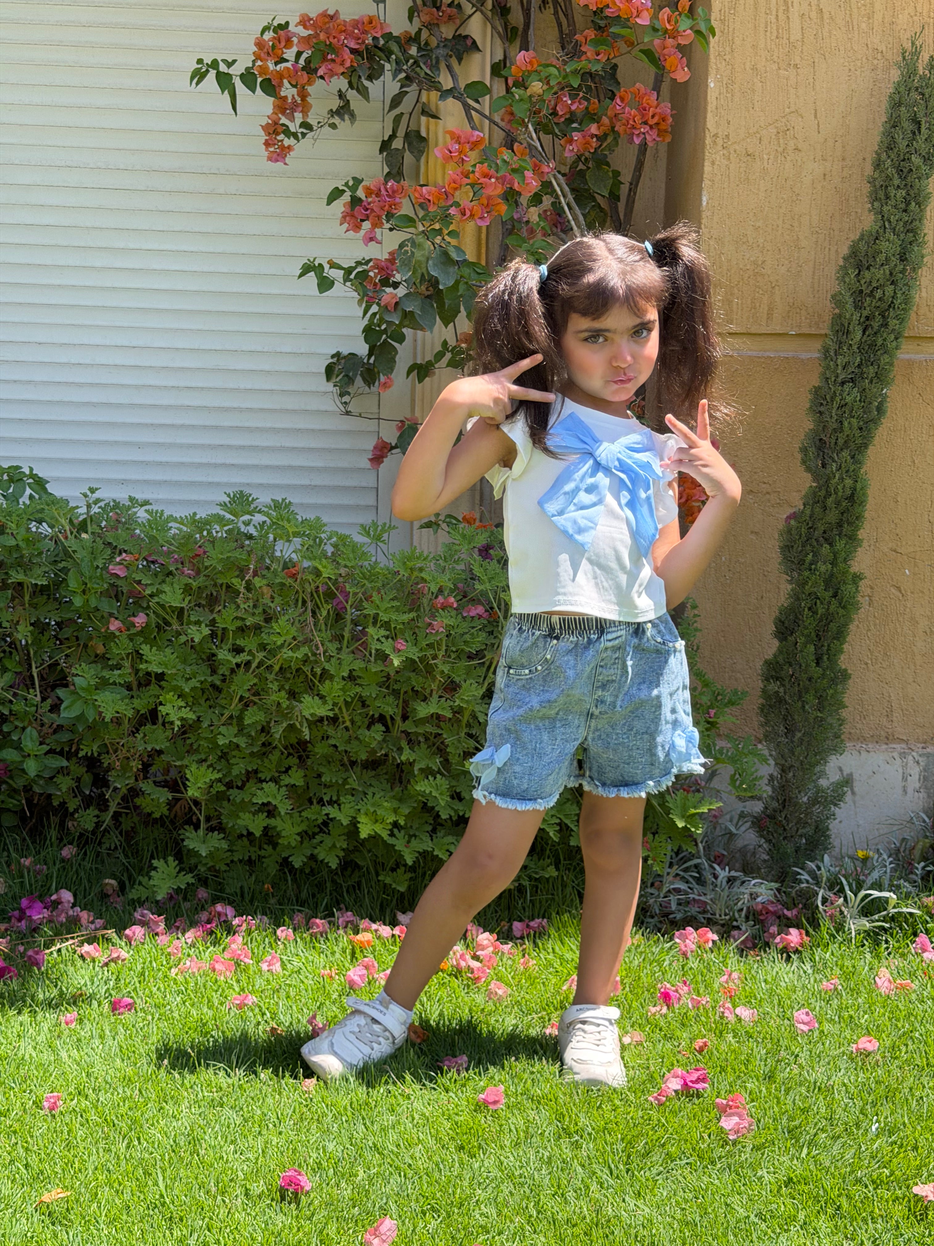 Set White Bow Top Denim Short