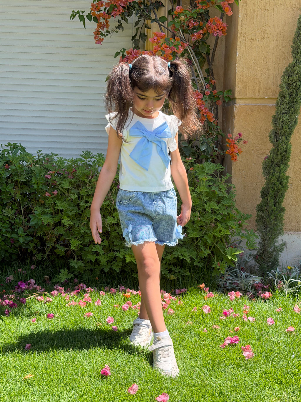 Set White Bow Top Denim Short