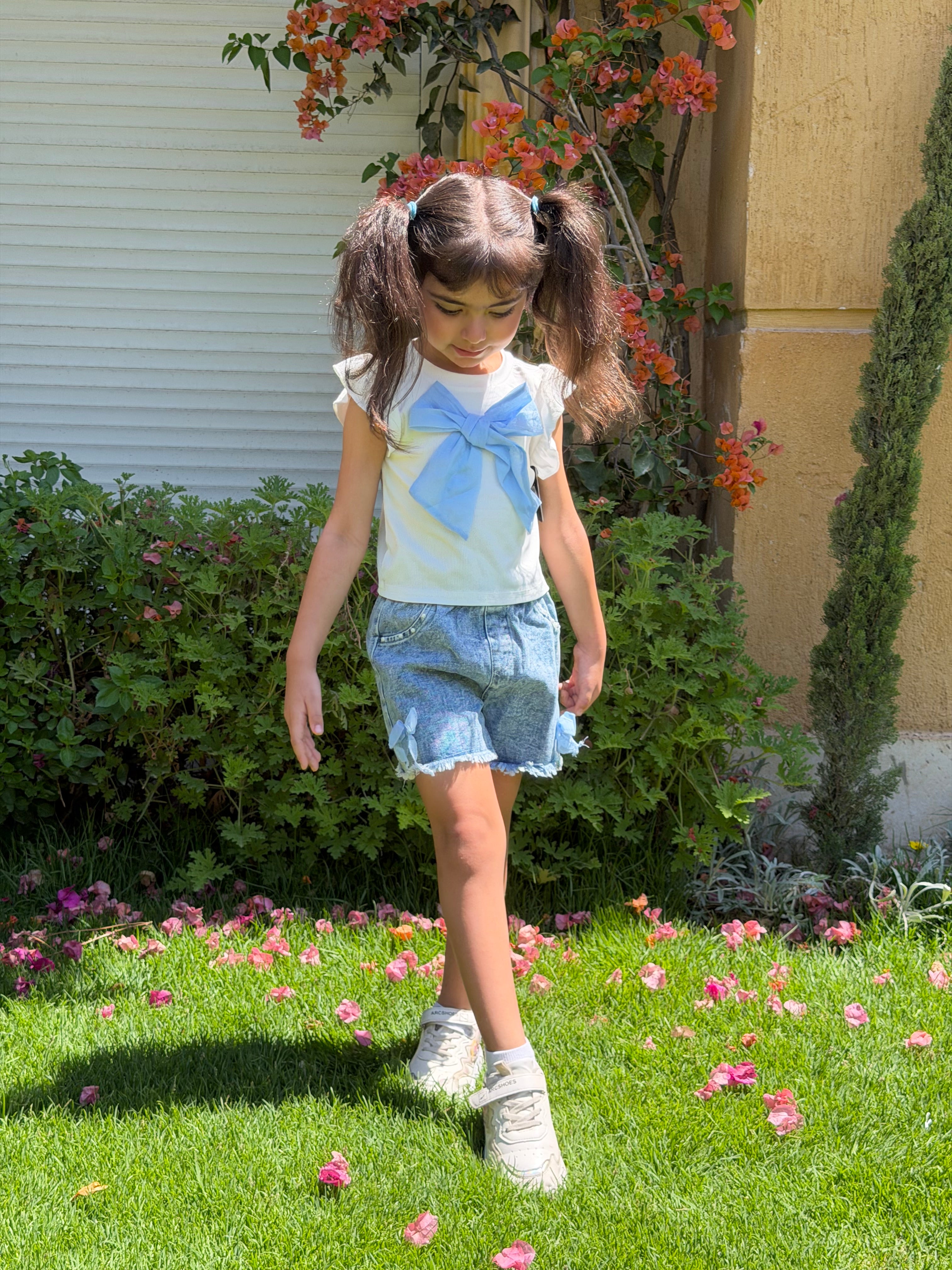 Set White Bow Top Denim Short
