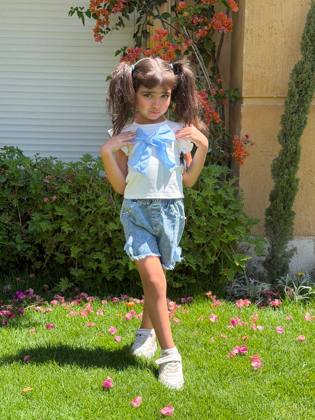 Set White Bow Top Denim Short
