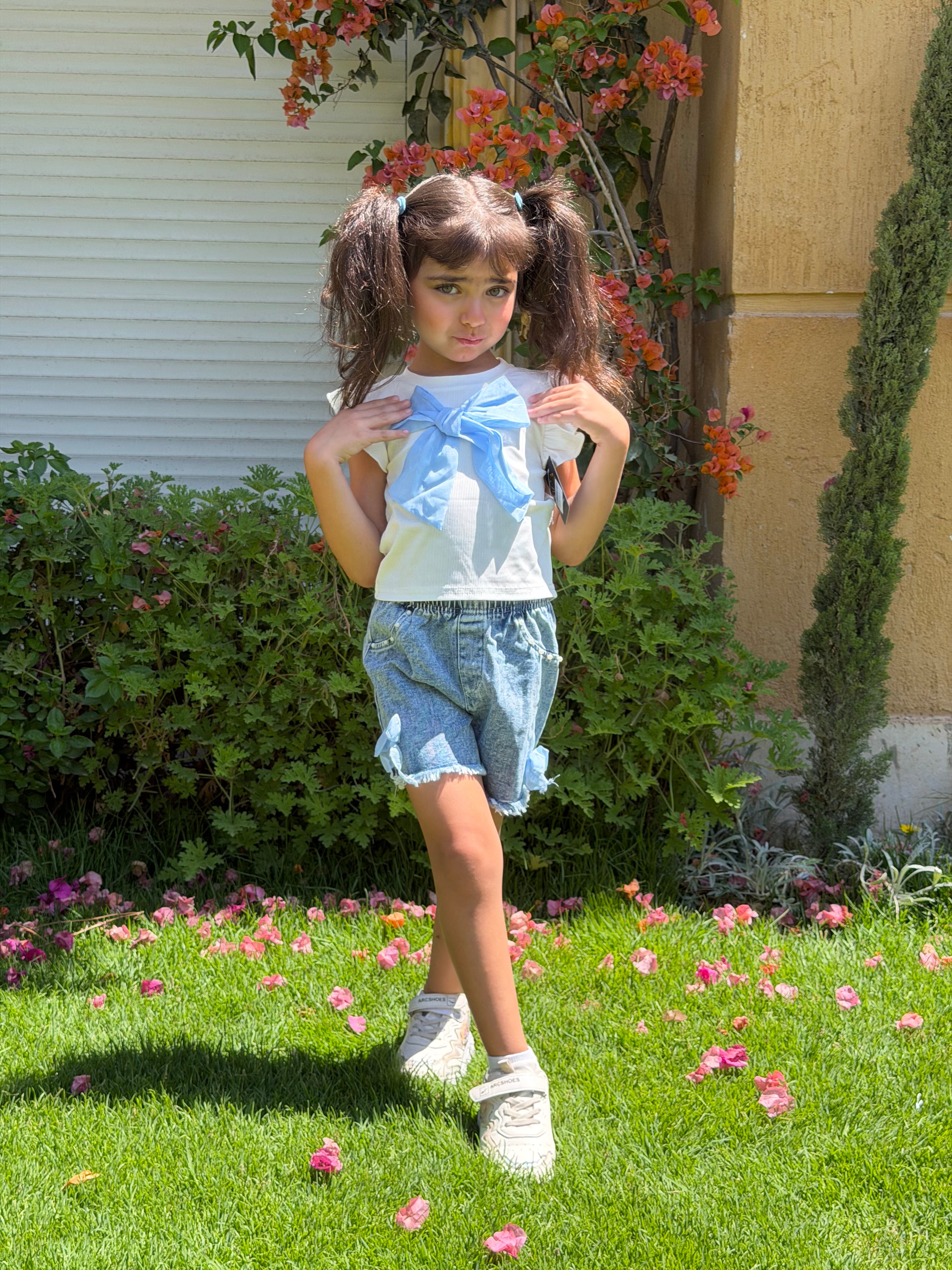 Set White Bow Top Denim Short